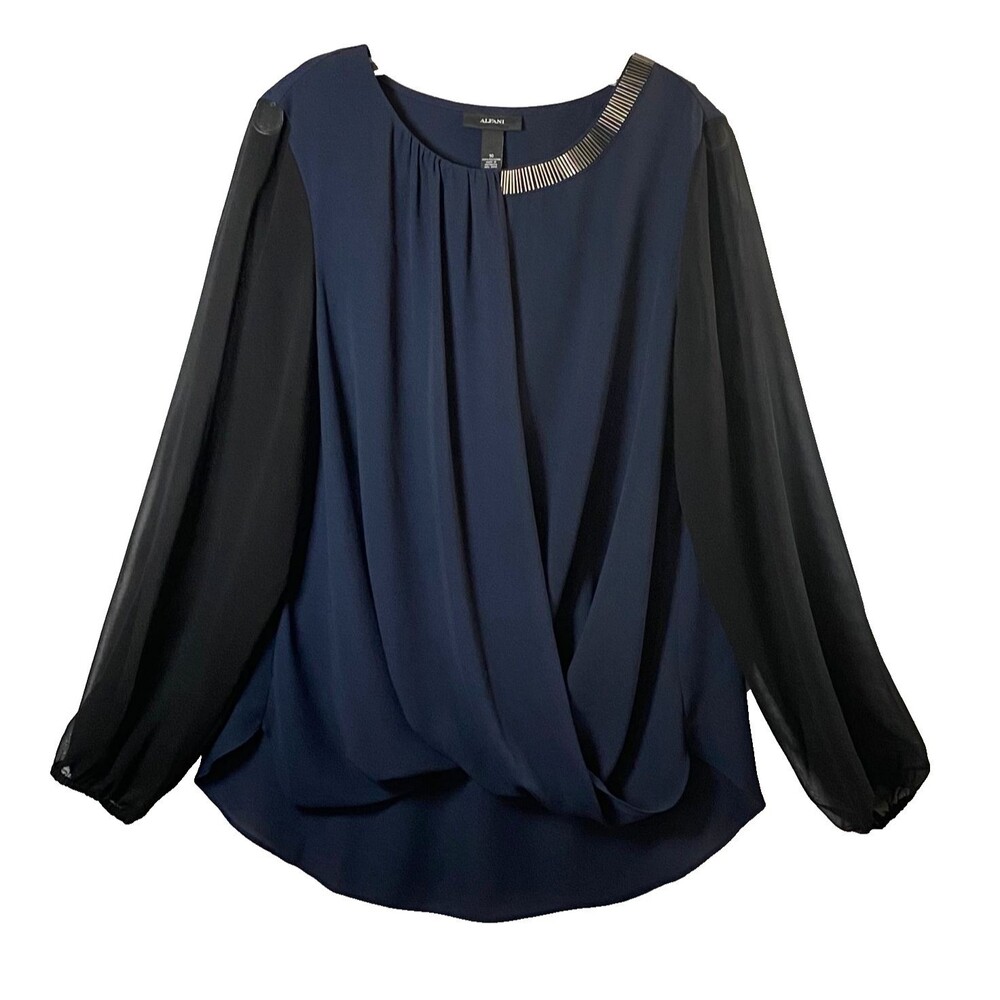 Alfani Embellished Faux Wrap Blouse Size 16 Colorblock Semi Sheer Chiffon